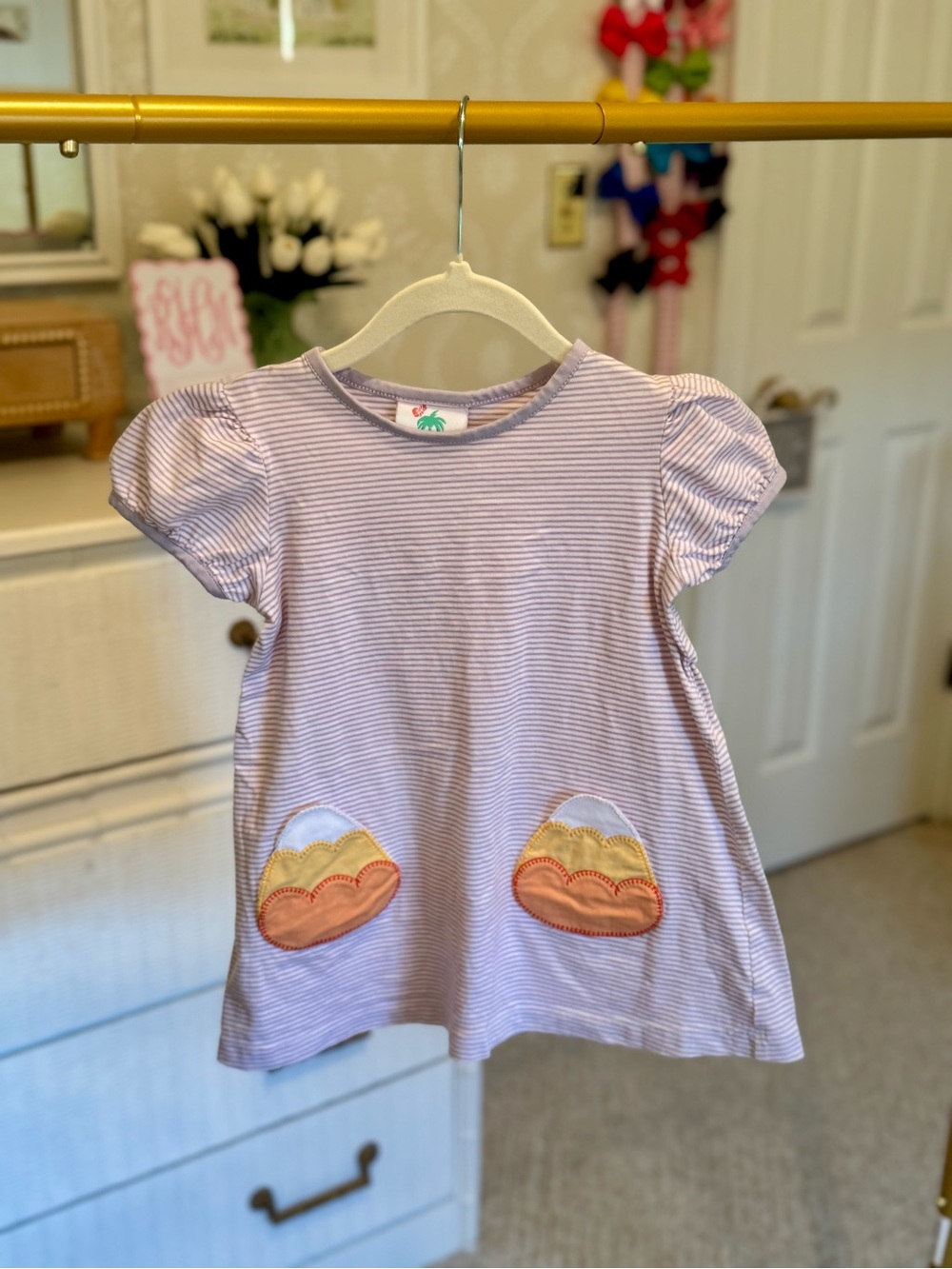Shrimp & Grits Kids Lavender Stripe Puff-Sleeve Dress with Candycorn Pockets